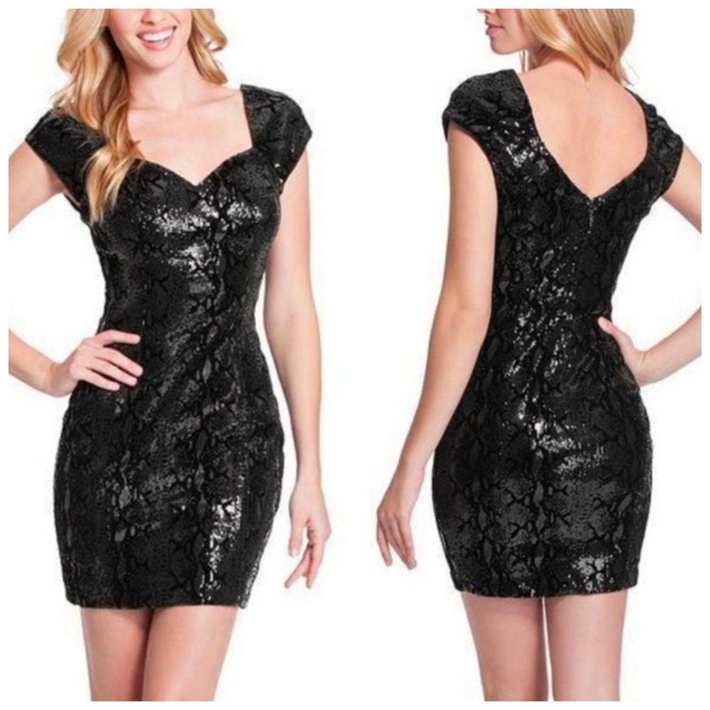 GUESS Y2K Black Sequin‎ Burnout Lace Cocktail Dress Sweetheart Neckline Size 2